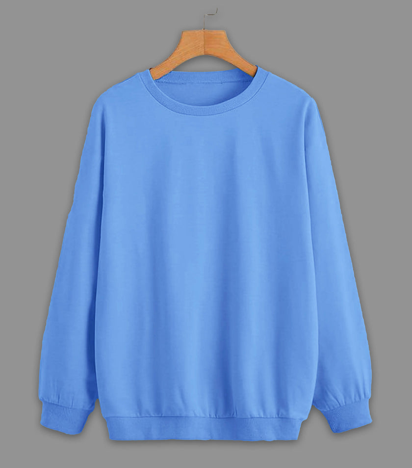 Mack Jonney Sky Blue Solid Round Neck Cotton Fleece Sweatshirt for Women