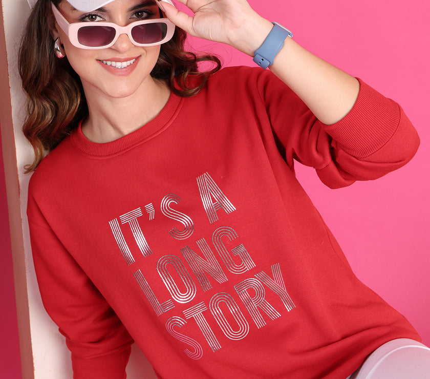 Mack Jonney Regular Fit Maroon Printed Sweatshirt For Women