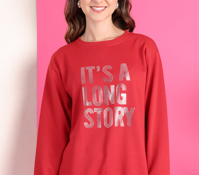 Mack Jonney Regular Fit Maroon Printed Sweatshirt For Women