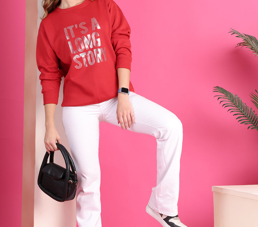 Mack Jonney Regular Fit Maroon Printed Sweatshirt For Women