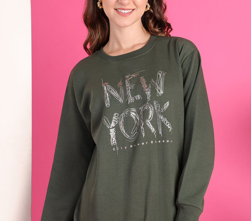 Mack Jonney Regular Fit Green Printed Sweatshirt For Women