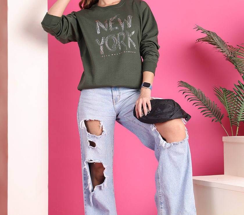 Mack Jonney Regular Fit Green Printed Sweatshirt For Women