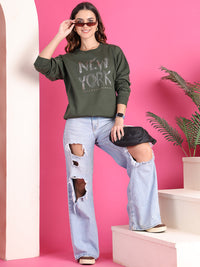 Mack Jonney Regular Fit Green Printed Sweatshirt For Women