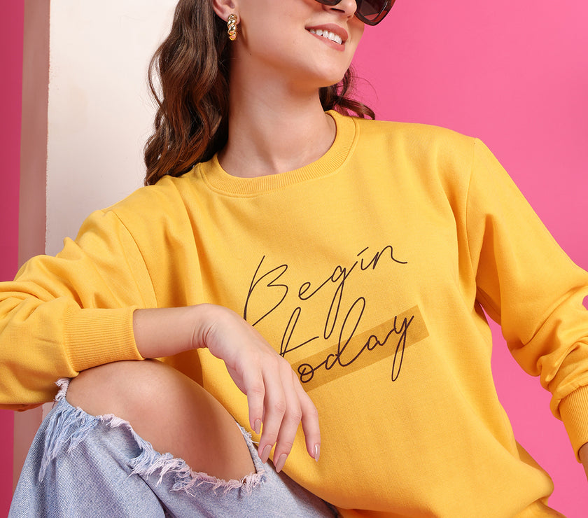 Mack Jonney Regular Fit Yellow Printed Sweatshirt For Women