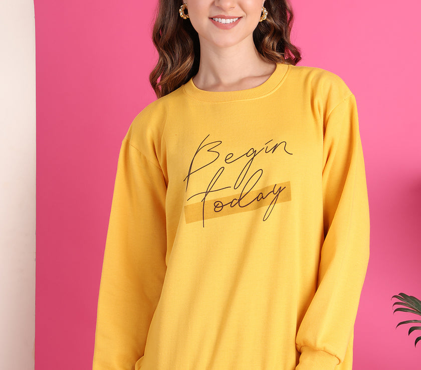 Mack Jonney Regular Fit Yellow Printed Sweatshirt For Women