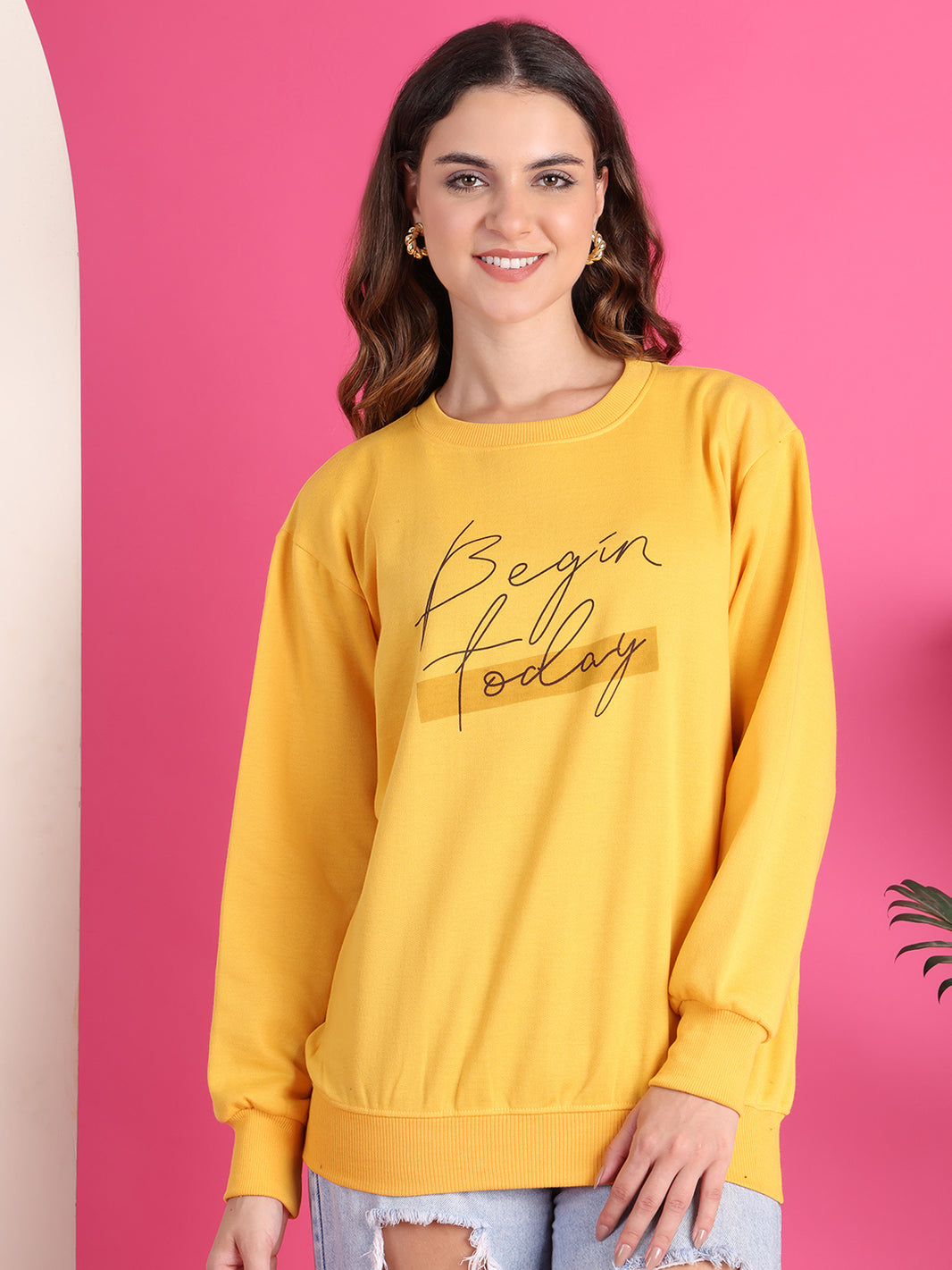 Mack Jonney Regular Fit Yellow Printed Sweatshirt For Women