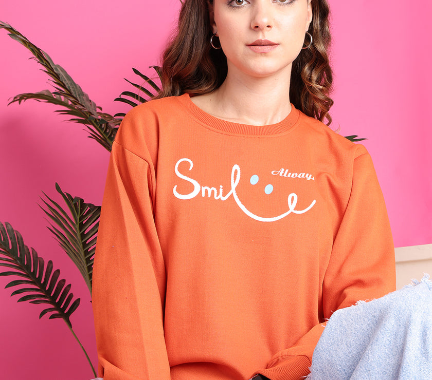 Mack Jonney Regular Fit Orange Printed Sweatshirt For Women