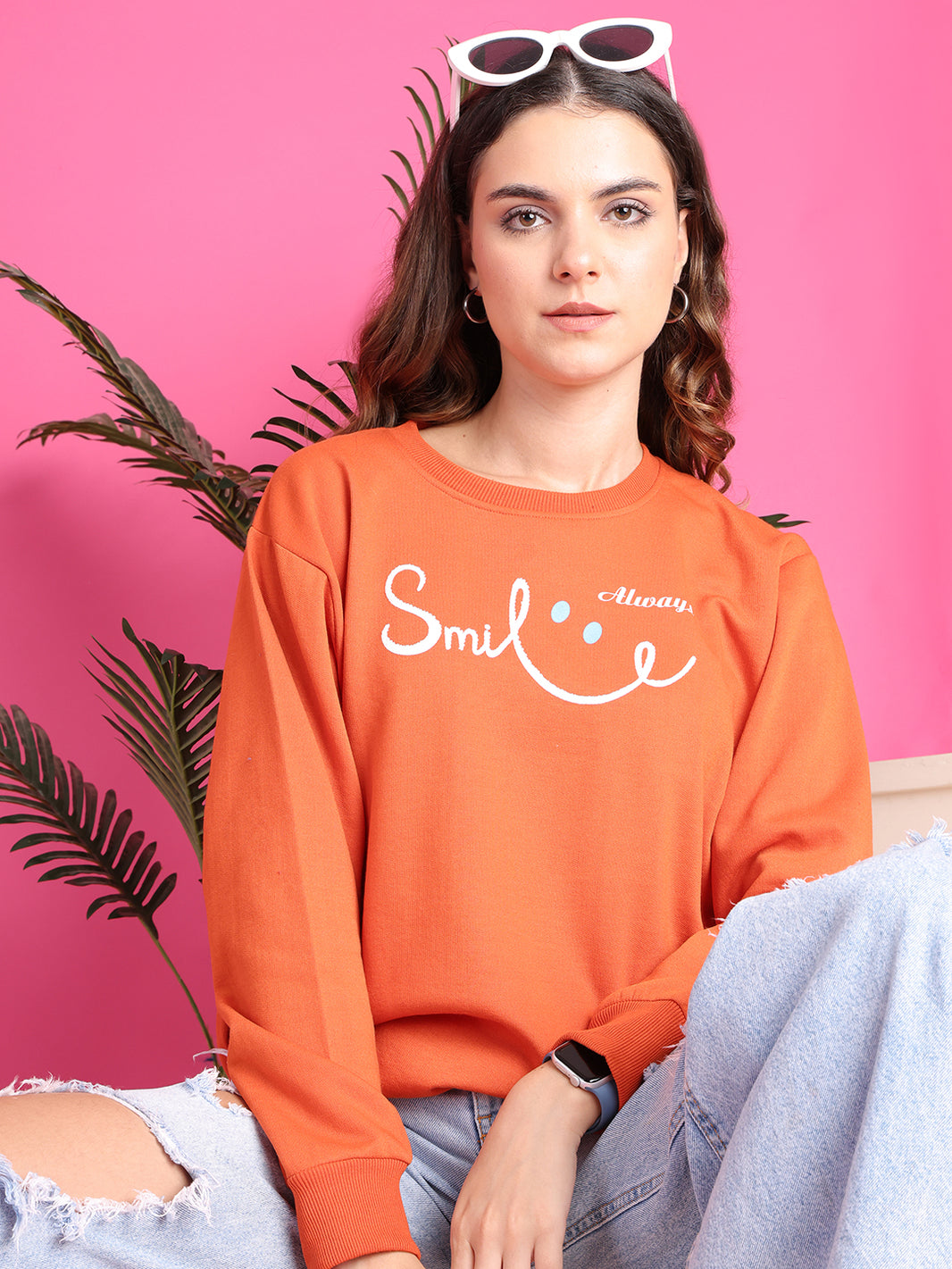 Mack Jonney Regular Fit Orange Printed Sweatshirt For Women