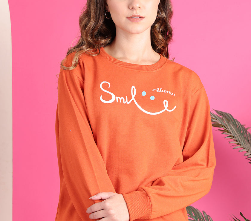 Mack Jonney Regular Fit Orange Printed Sweatshirt For Women