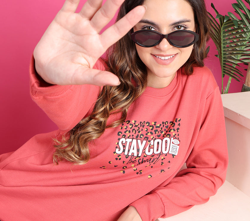 Mack Jonney Regular Fit Pink Printed Sweatshirt For Women