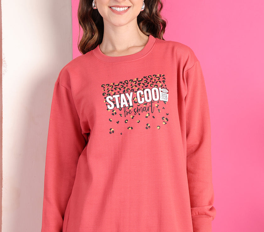 Mack Jonney Regular Fit Pink Printed Sweatshirt For Women