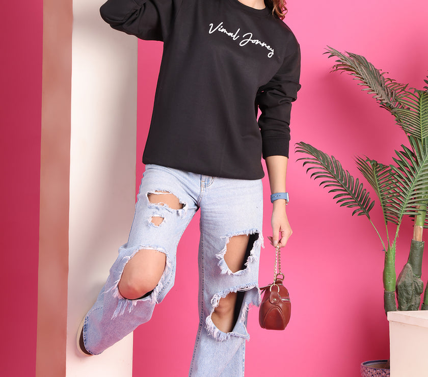 Mack Jonney Regular Fit Black Printed Sweatshirt For Women