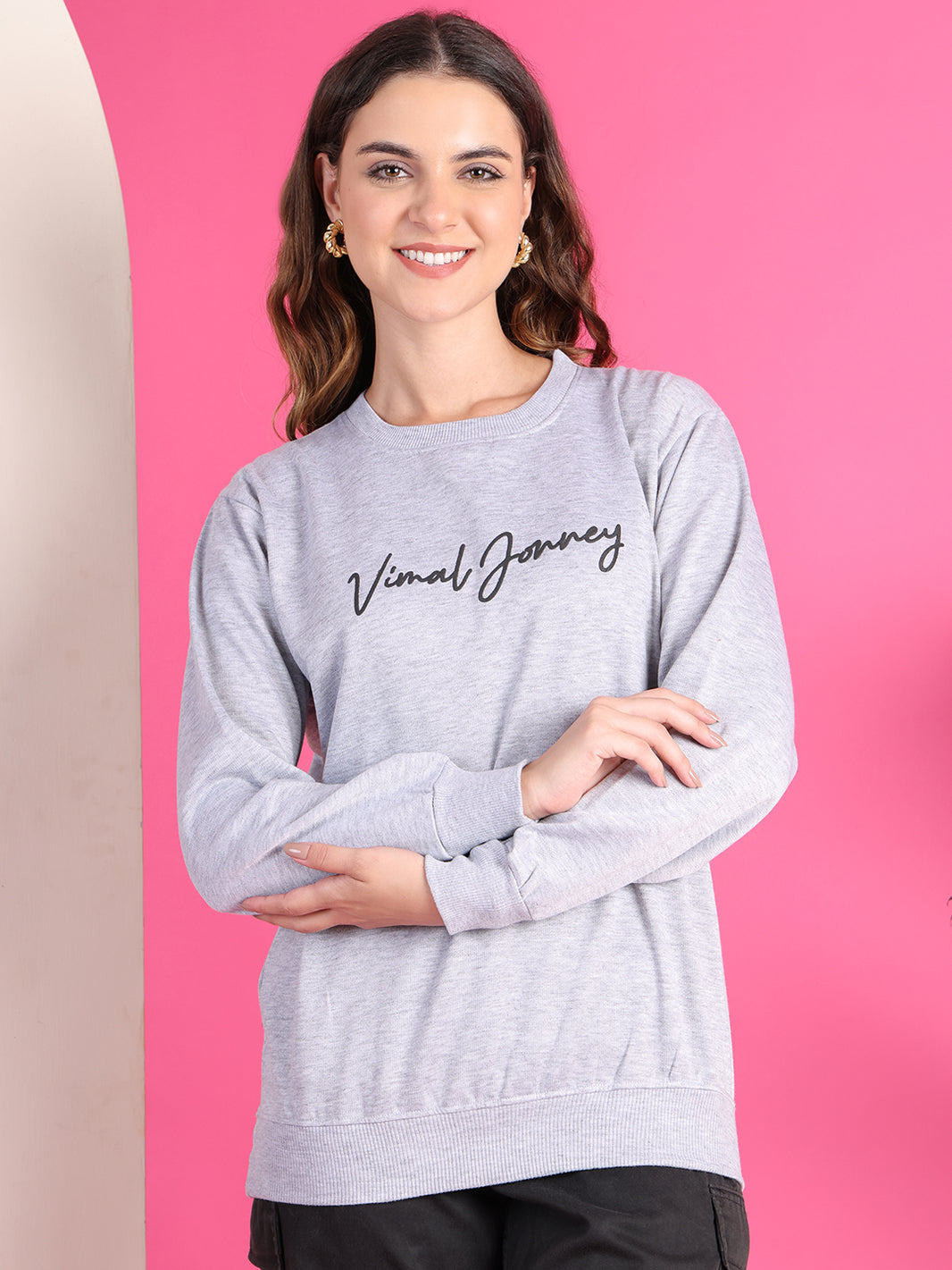 Mack Jonney Regular Fit Grey Printed Sweatshirt For Women