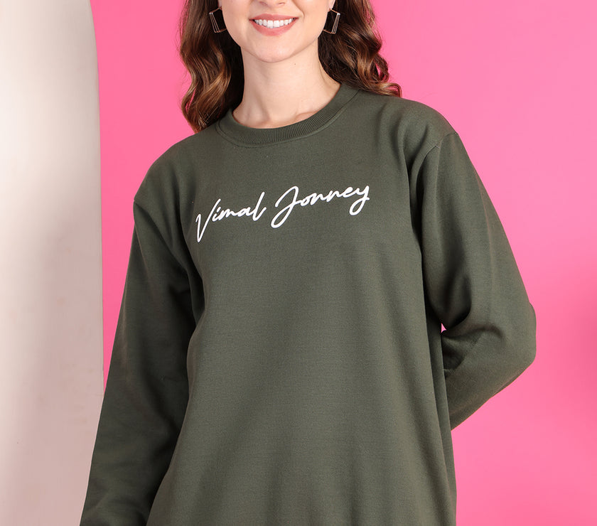 Mack Jonney Regular Fit Green Printed Sweatshirt For Women