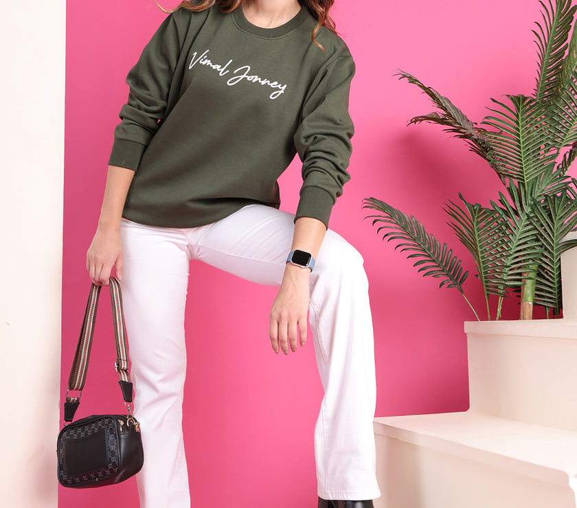 Mack Jonney Regular Fit Green Printed Sweatshirt For Women