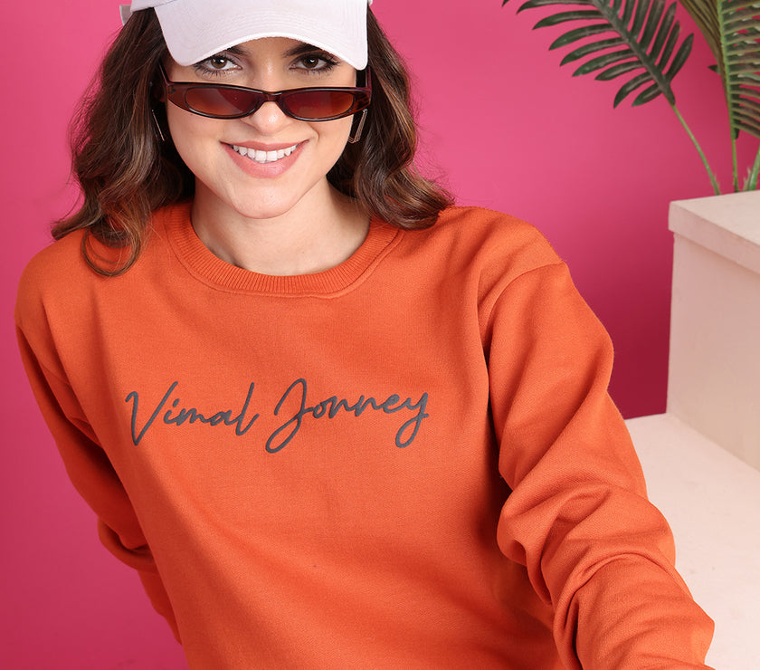 Mack Jonney Regular Fit Orange Printed Sweatshirt For Women