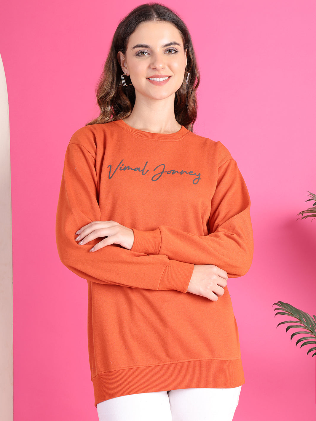 Mack Jonney Regular Fit Orange Printed Sweatshirt For Women