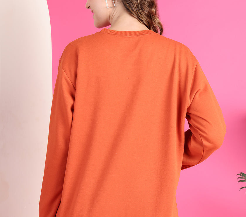 Mack Jonney Regular Fit Orange Printed Sweatshirt For Women