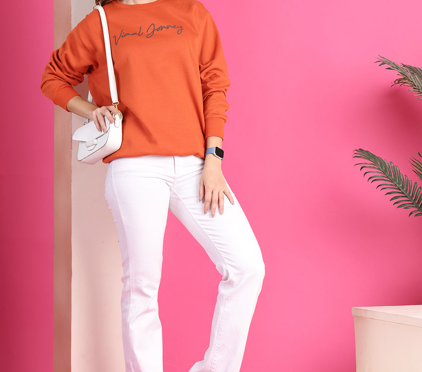 Mack Jonney Regular Fit Orange Printed Sweatshirt For Women