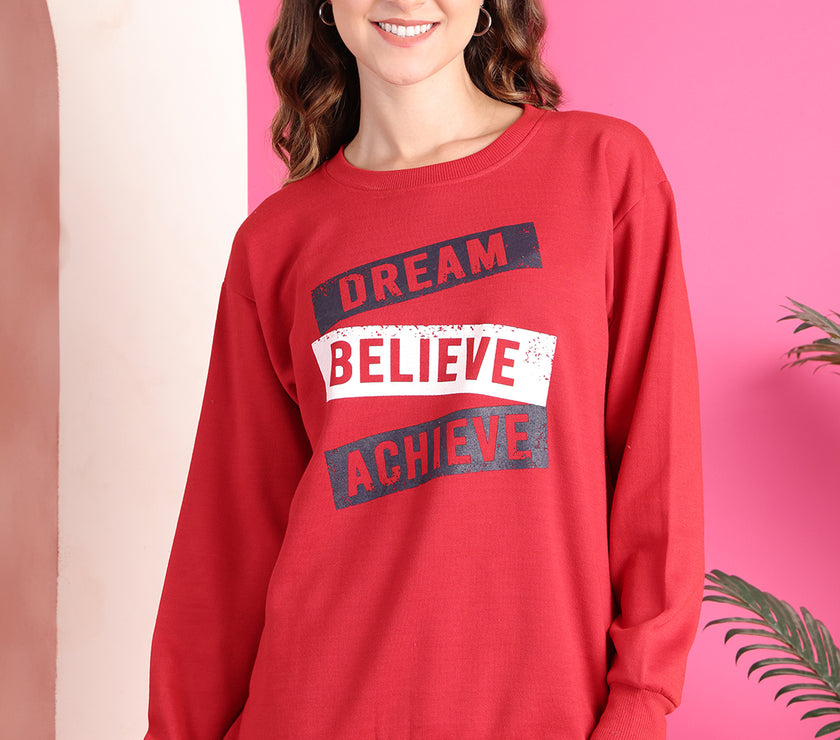 Mack Jonney Regular Fit Maroon Printed Sweatshirt For Women