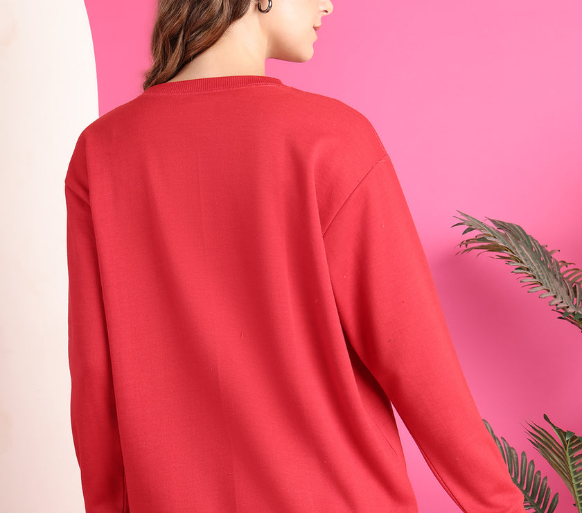 Mack Jonney Regular Fit Maroon Printed Sweatshirt For Women