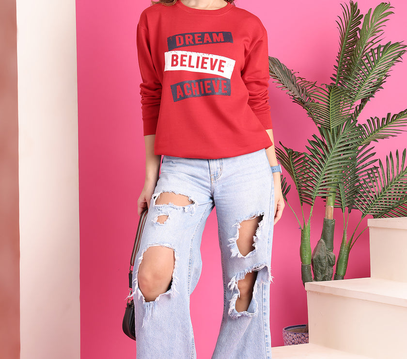 Mack Jonney Regular Fit Maroon Printed Sweatshirt For Women