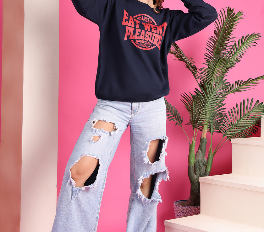 Mack Jonney Regular Fit Blue Printed Sweatshirt For Women