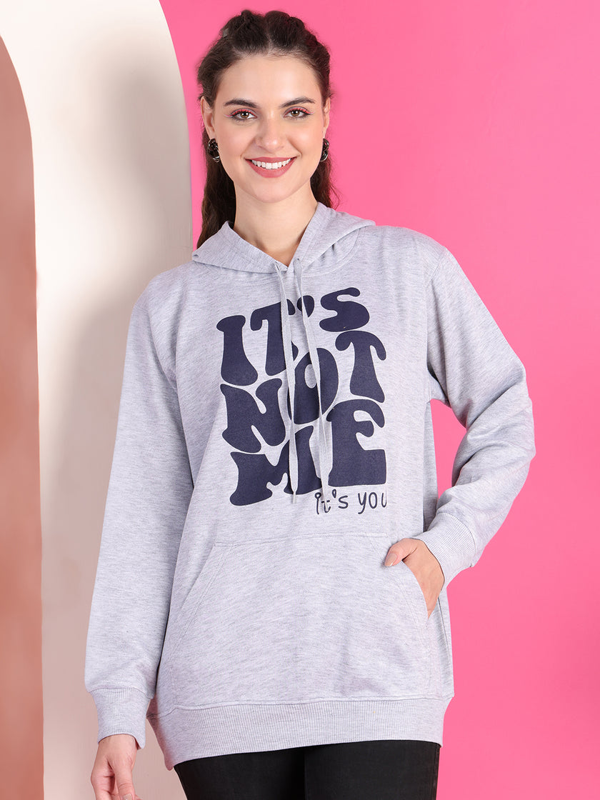 Mack Jonney Regular Fit Grey Printed Hoodie For Women