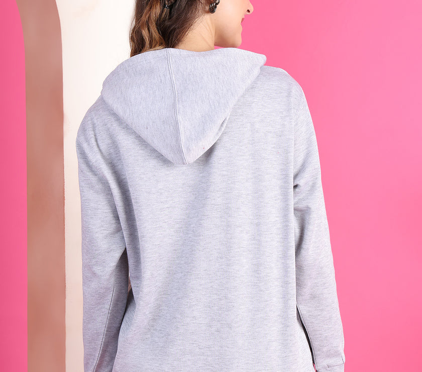 Mack Jonney Regular Fit Grey Printed Hoodie For Women