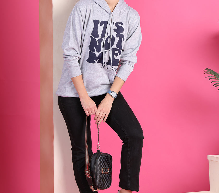 Mack Jonney Regular Fit Grey Printed Hoodie For Women
