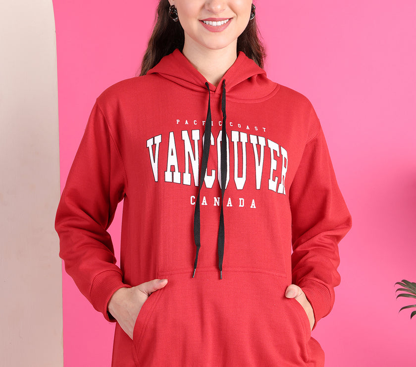 Mack Jonney Regular Fit Maroon Printed Hoodie For Women