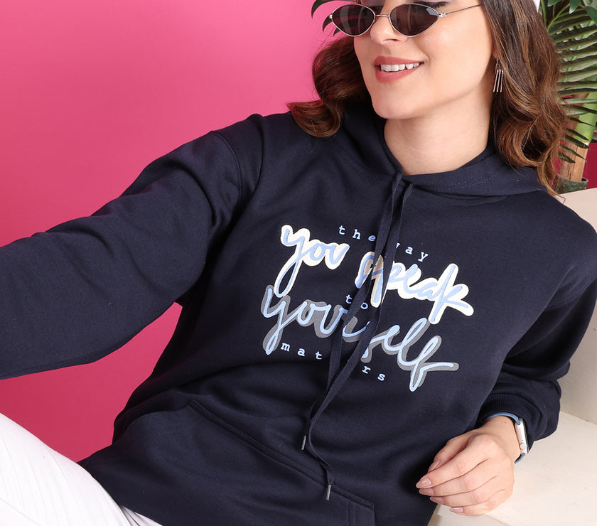 Mack Jonney Regular Fit Blue Printed Hoodie For Women