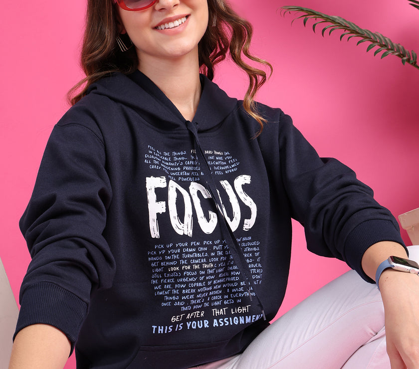 Mack Jonney Regular Fit Blue Printed Hoodie For Women