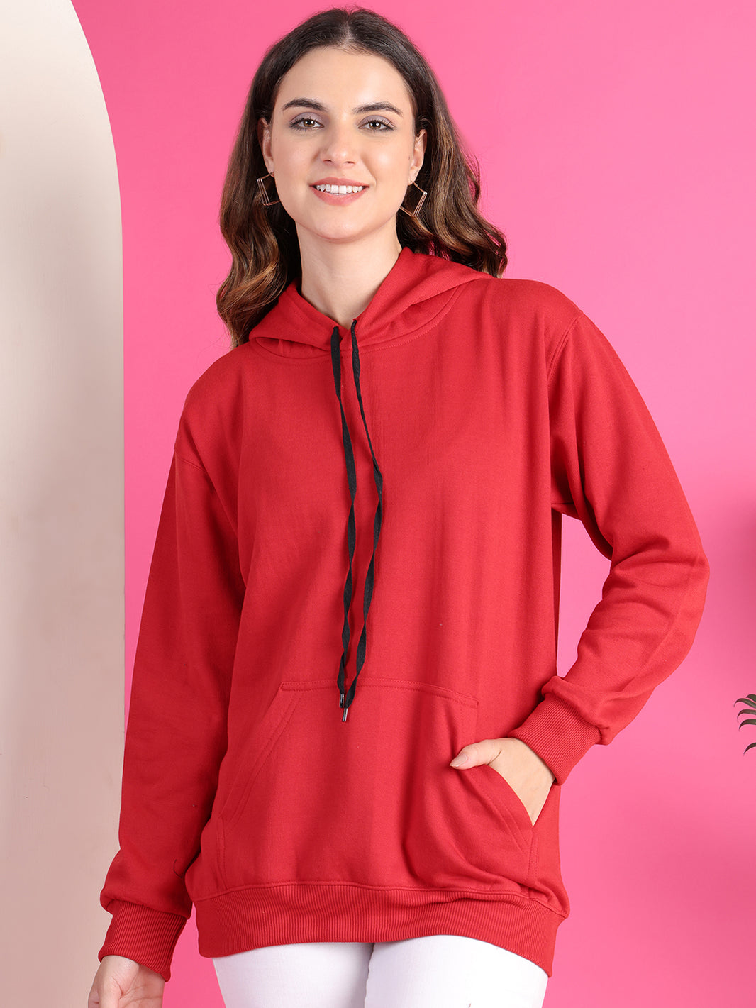 Mack Jonney Regular Fit Maroon Solid Hoodie For Women