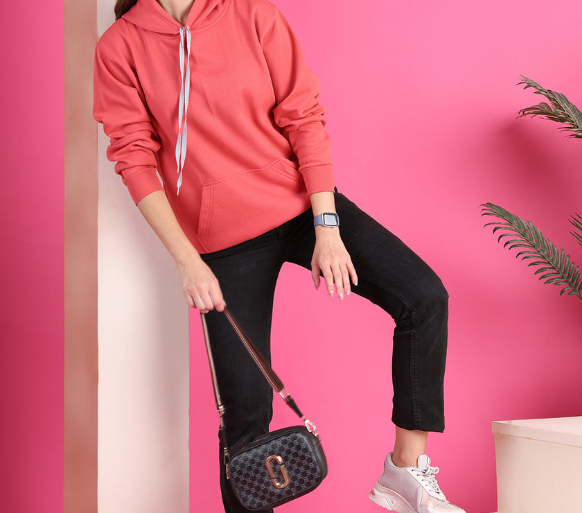 Mack Jonney Regular Fit Pink Solid Hoodie For Women