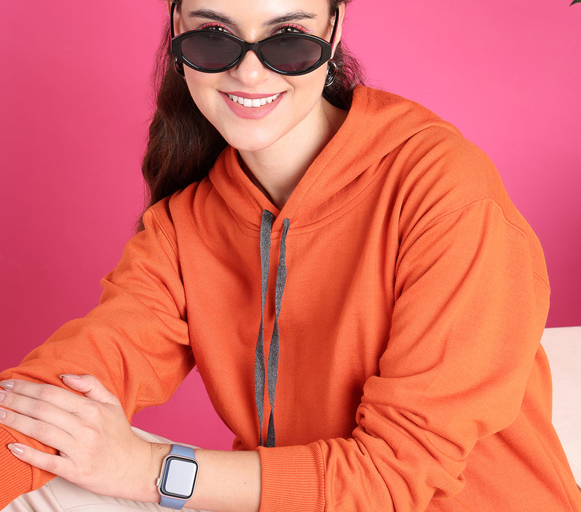 Mack Jonney Regular Fit Orange Solid Hoodie For Women