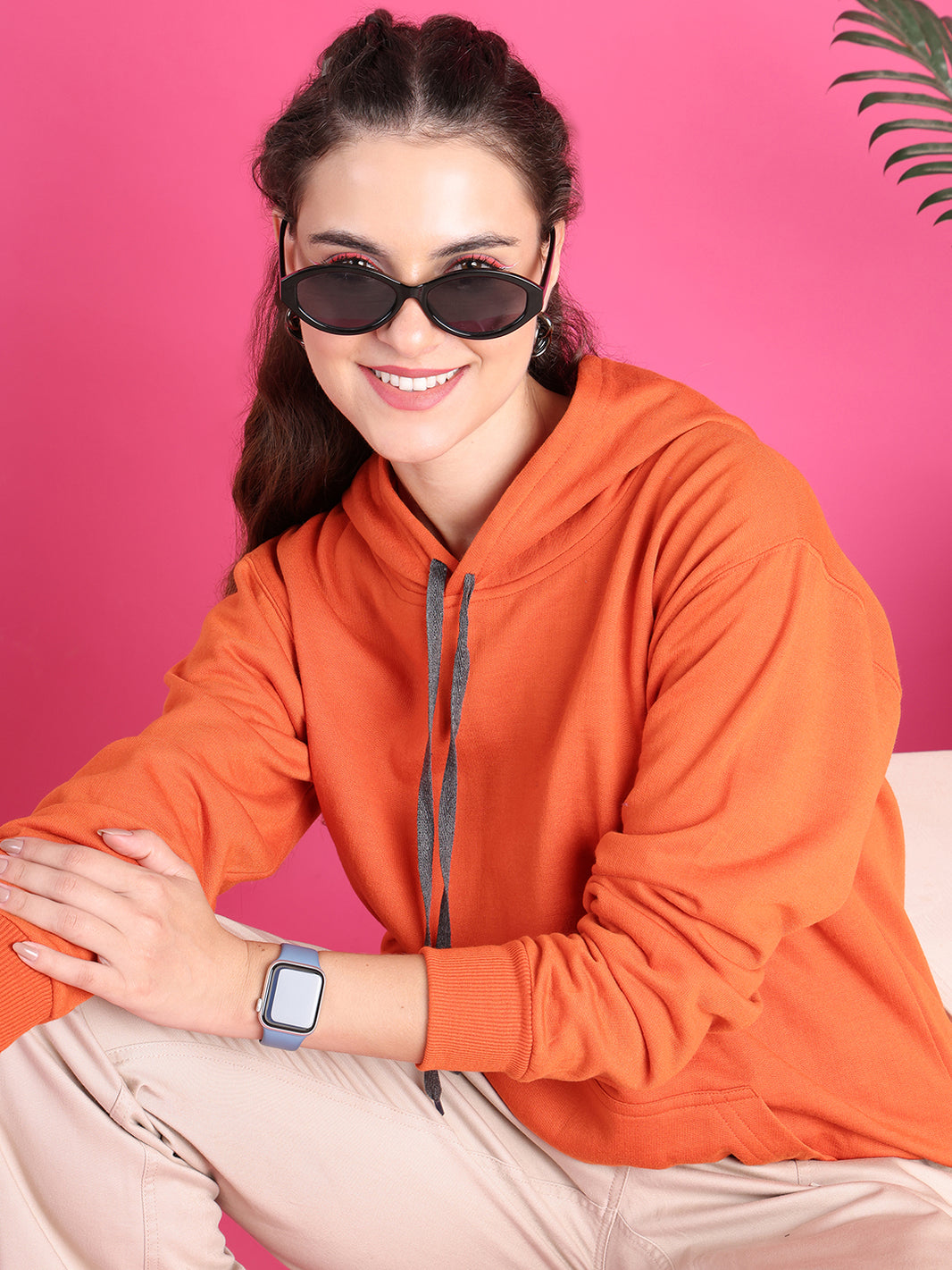 Mack Jonney Regular Fit Orange Solid Hoodie For Women