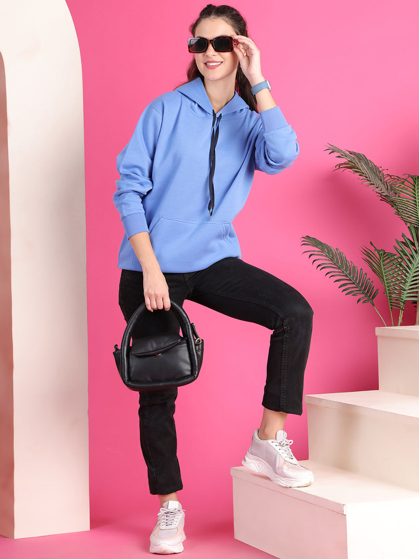 Mack Jonney Regular Fit Blue Solid Hoodie For Women