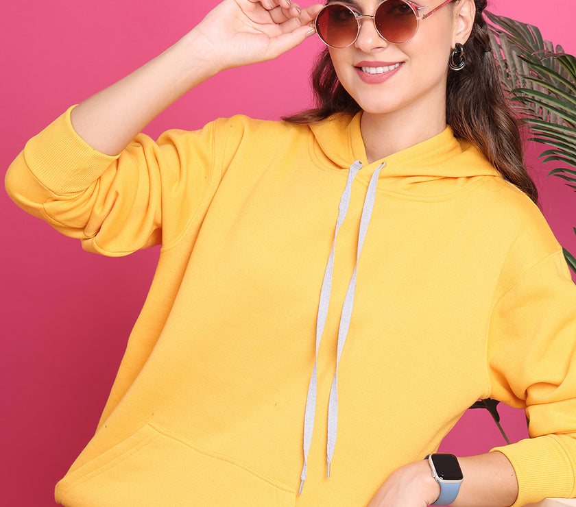Mack Jonney Regular Fit Yellow Solid Hoodie For Women