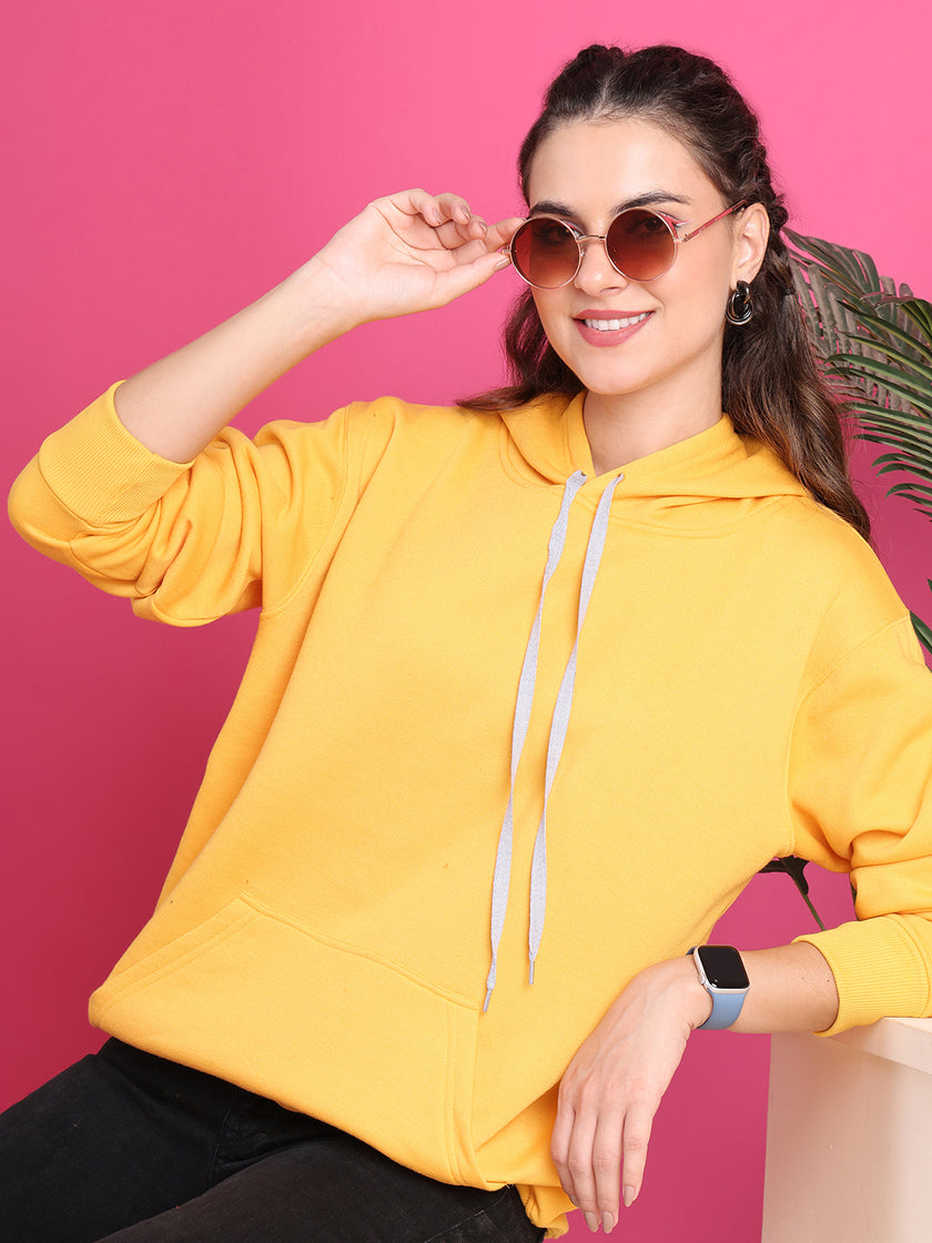 Mack Jonney Regular Fit Yellow Solid Hoodie For Women