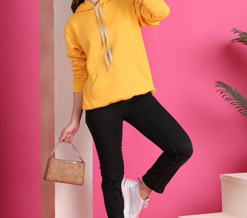 Mack Jonney Regular Fit Yellow Solid Hoodie For Women
