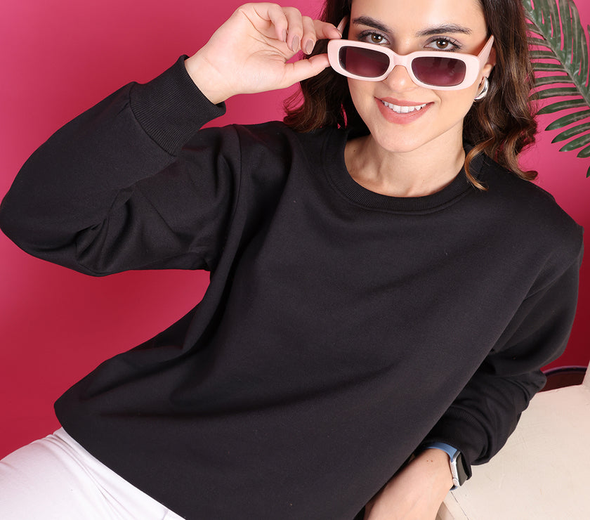 Mack Jonney Regular Fit Black Solid Sweatshirt For Women