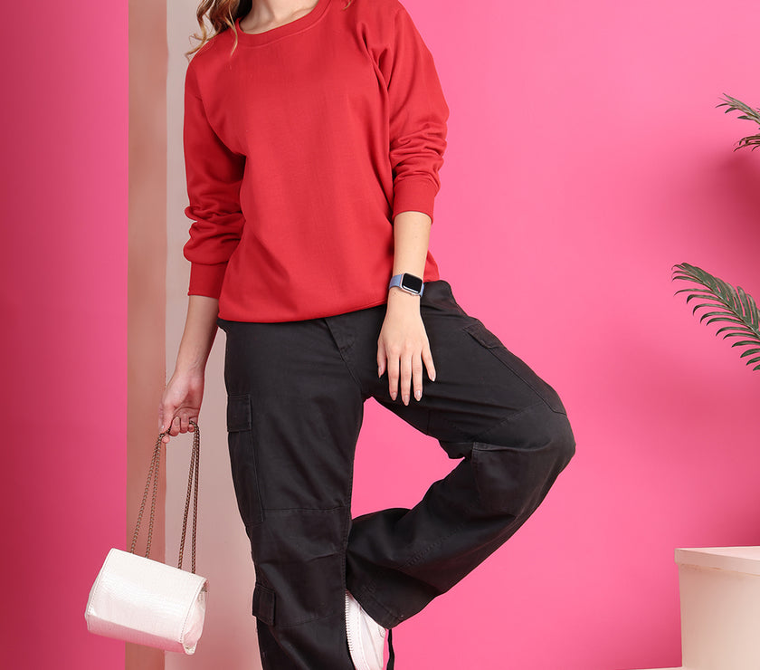 Mack Jonney Regular Fit Maroon Solid Sweatshirt For Women