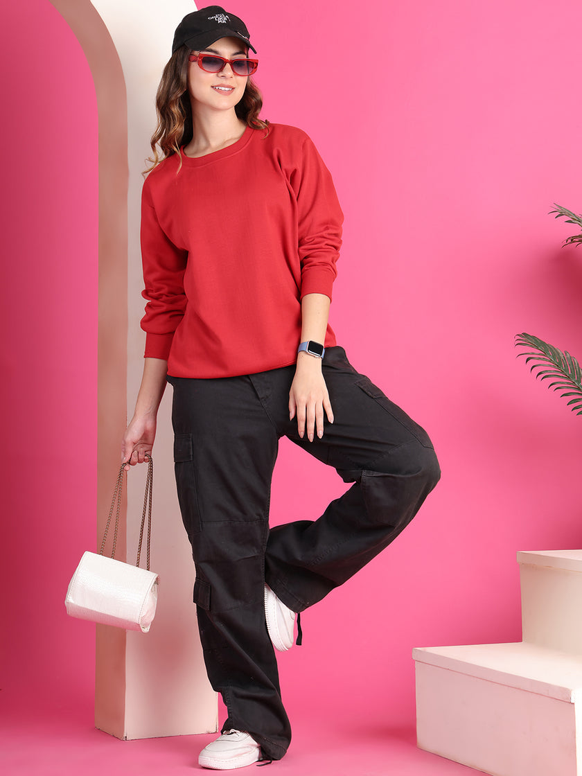 Mack Jonney Regular Fit Maroon Solid Sweatshirt For Women