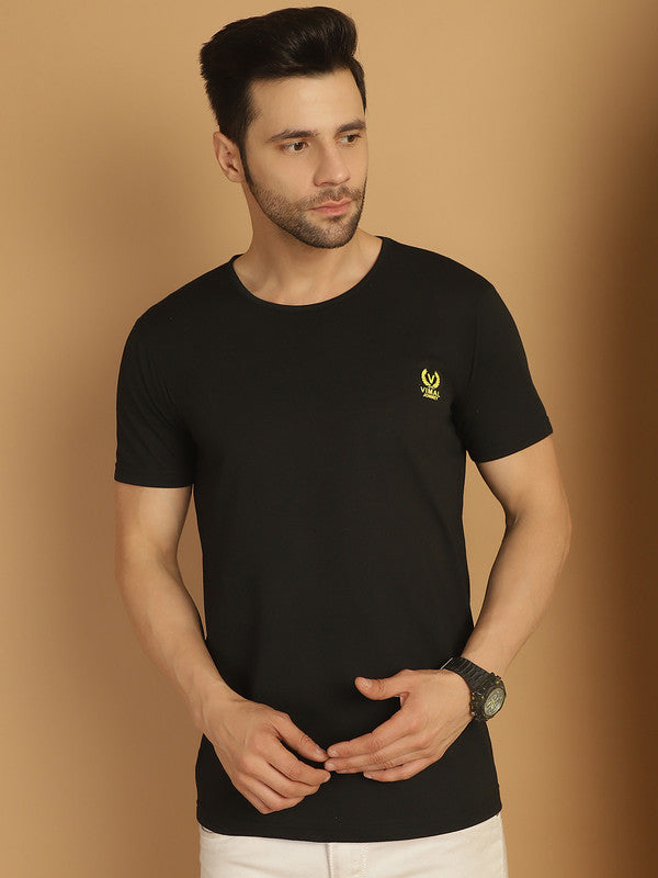 Mack Jonney Round Neck Cotton Solid Black T-Shirt for Men