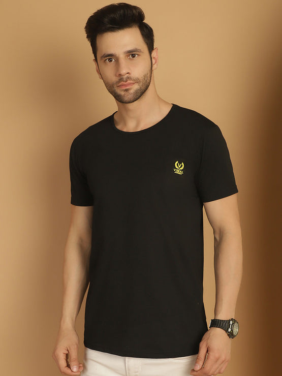 Mack Jonney Round Neck Cotton Solid Black T-Shirt for Men