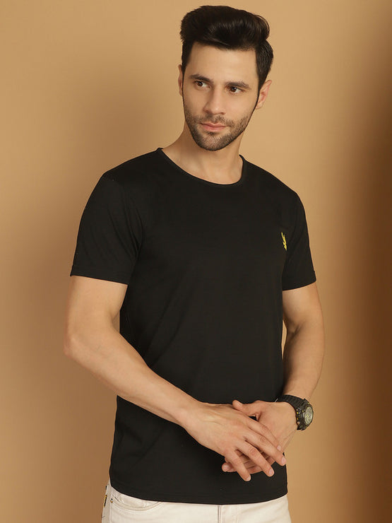 Mack Jonney Round Neck Cotton Solid Black T-Shirt for Men