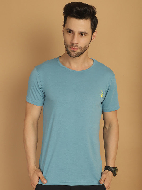 Mack Jonney Round Neck Cotton Solid Blue T-Shirt for Men