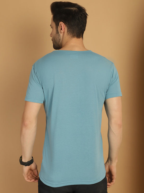 Mack Jonney Round Neck Cotton Solid Blue T-Shirt for Men