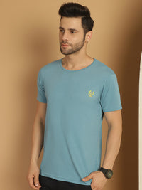 Mack Jonney Round Neck Cotton Solid Blue T-Shirt for Men